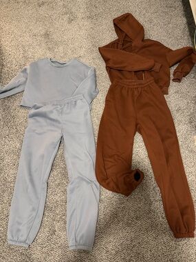 SHEIN Two-Tone Cozy Jogger Sets — Light Blue & Brown